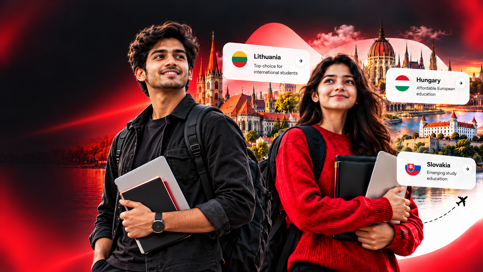 International students from South Asia beginning their study journey in Europe, with Lithuania, Hungary and Slovakia highlighted