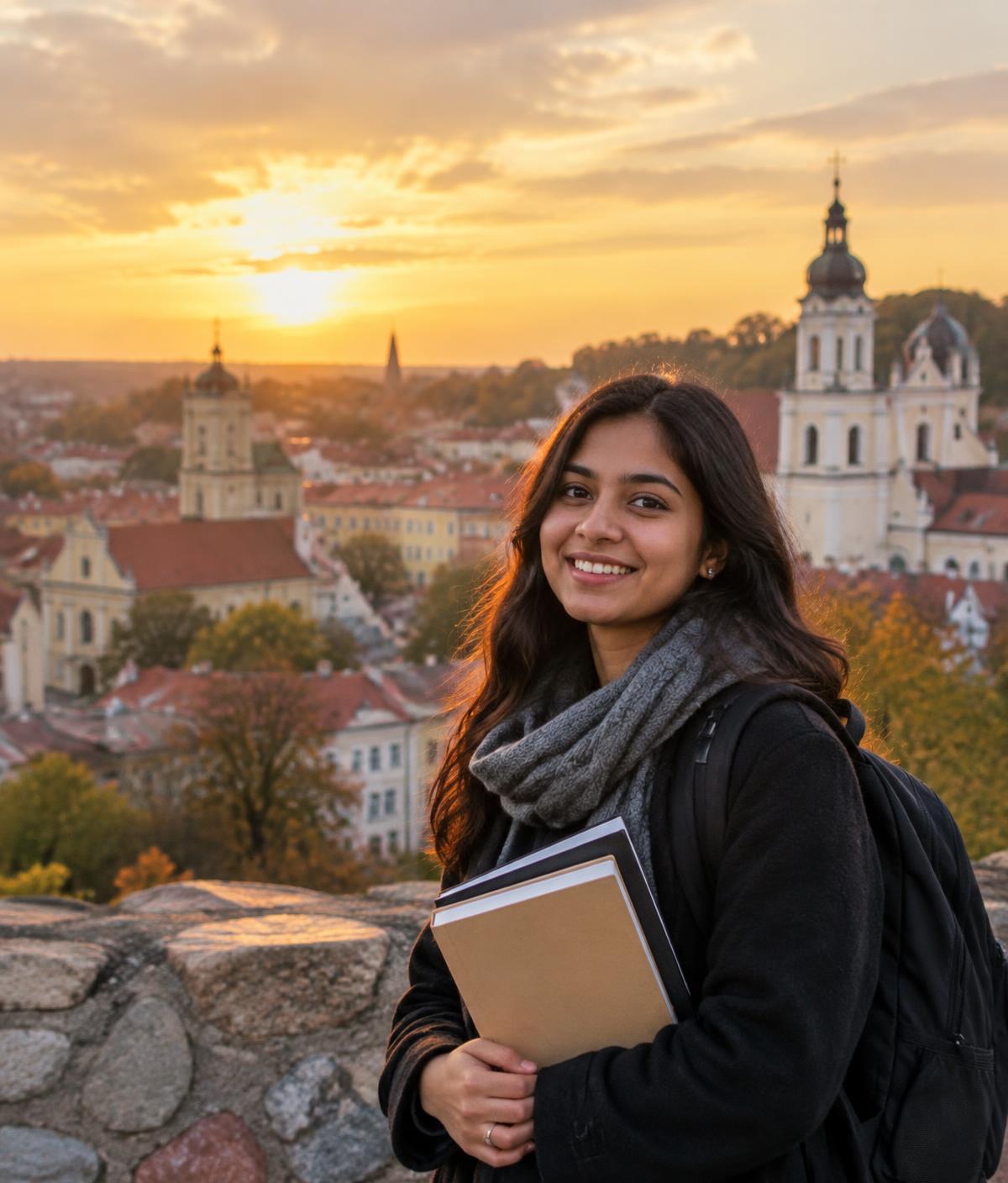 International student holding her books overlooking Vilnius, a European study destination